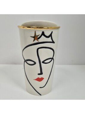 Starbucks 2015 Ceramic Travel Mug With Lid Gold Accent & Abstract Face Design